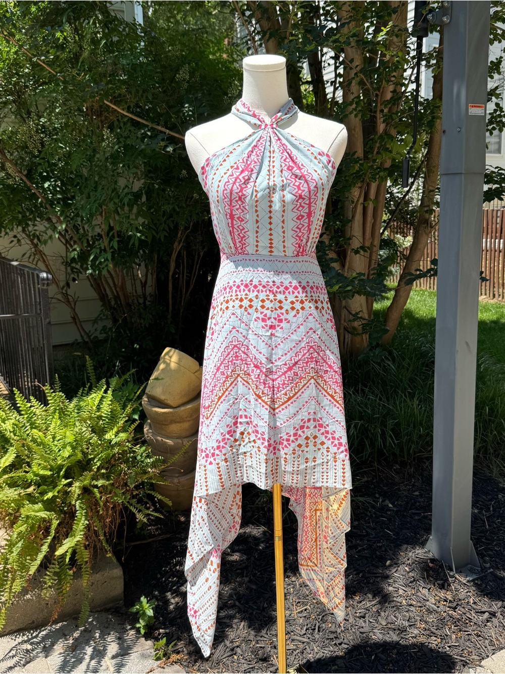 BCBGMaxAzria White Halter Dress with Pink and Peach Chevron Print